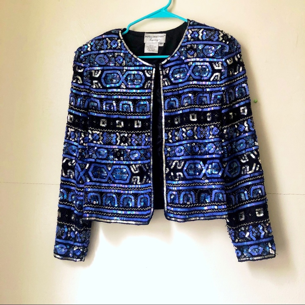 Vintage blue black sequin silk jacket/blazer
